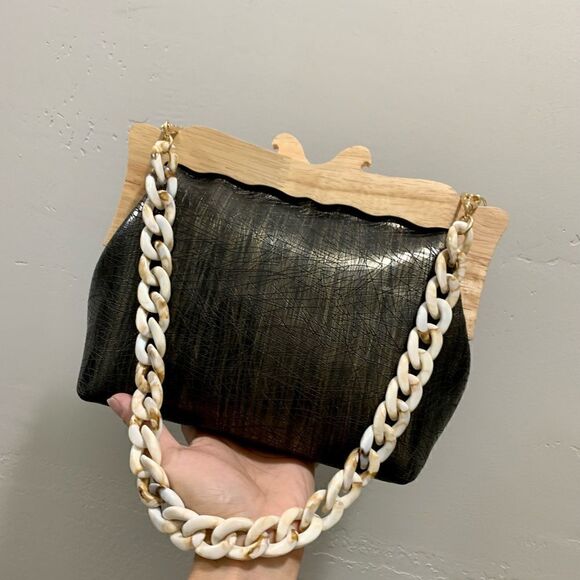 Handmade Genuine Cowhide Embossed  Leather Wooden Frame Purse & 2 Strap Styles - Picture 4 of 15